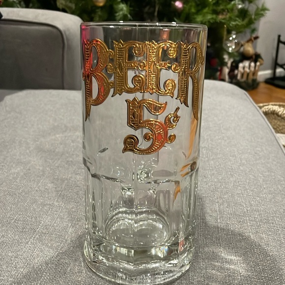Clear Vintage Glass Beer Mug Stein Gold Letters Beer 5 Cents - Picture 1 of 10